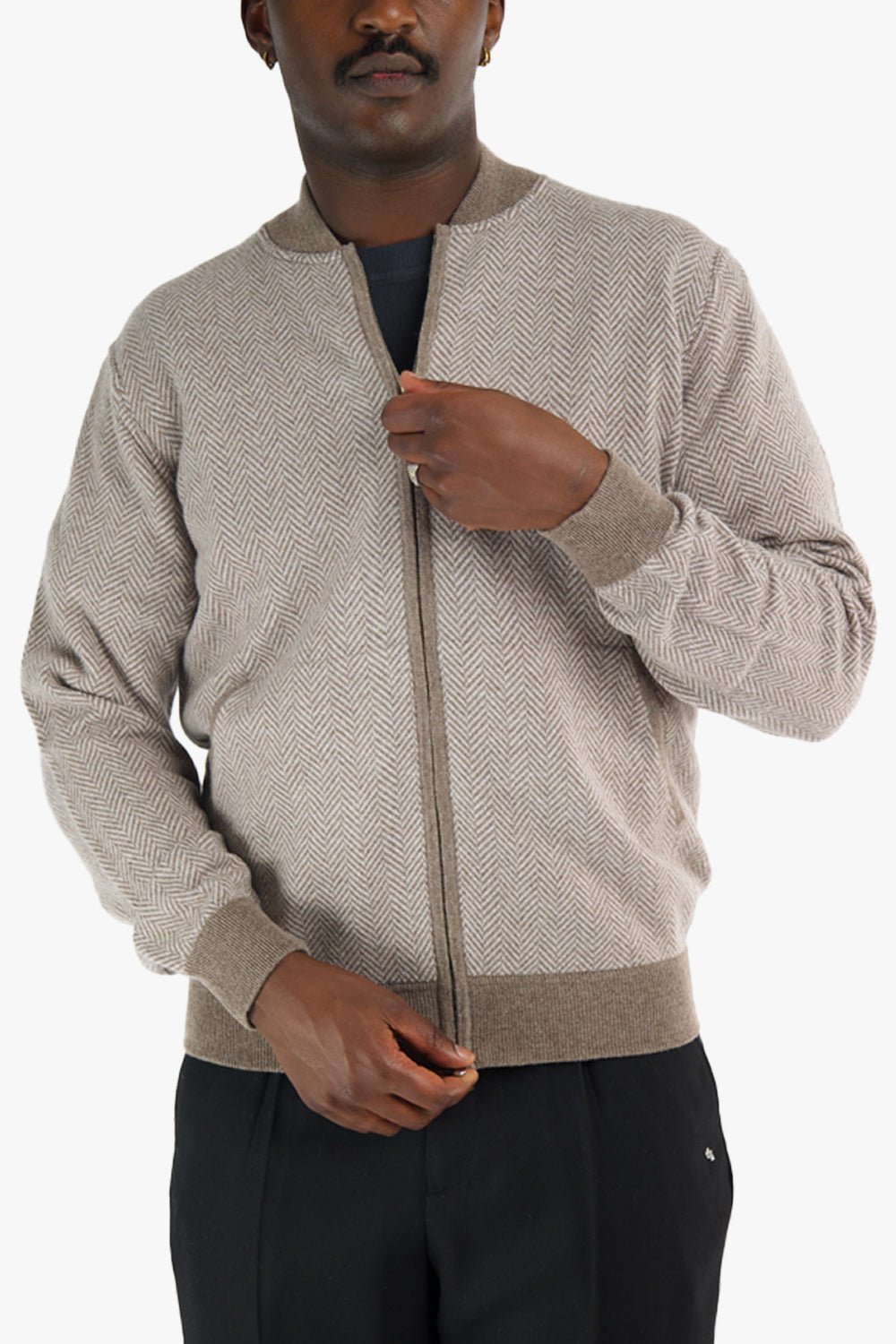 Houndstooth Wool Zip Sweater