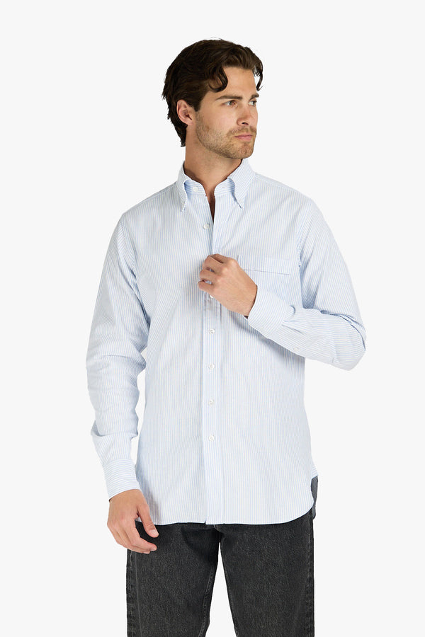 TICKING STRIPE BUTTON DOWN OXFORD SHIRT