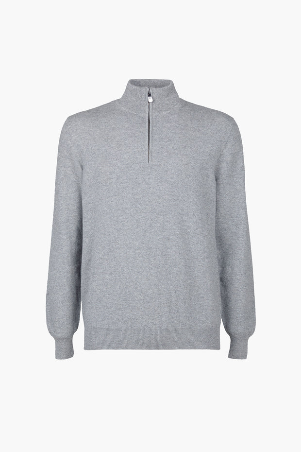 Grey Cashmere Zip Mock Neck Sweater